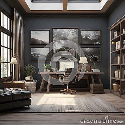 a room with a desk, chair, bookshelf and pictures on the wall Farmhouse interior Workspace with Stock Photo