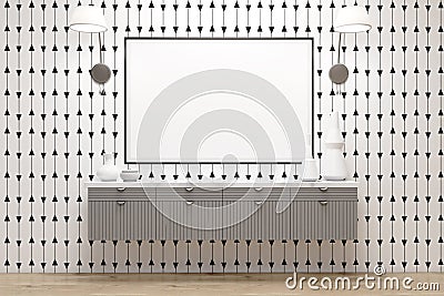 Room with drawers, lamps and poster, white wall Stock Photo