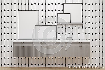 Room with drawers and posters, white wall Stock Photo