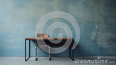 Minimalistic Desk And Chair In Blue Wall Scene Stock Photo