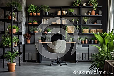 A room featuring a desk and shelves, all brimming with an assortment of lush potted plants, The interior of a contemporary home Stock Photo