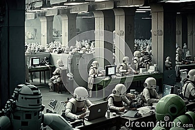 room filled with androids, each performing specific task in a factory setting Stock Photo