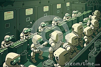 room filled with androids, each performing specific task in a factory setting Stock Photo