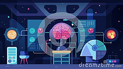 In a room filled with blinking lights and intricate machinery neuroscientists use data mapping to uncover the underlying Vector Illustration