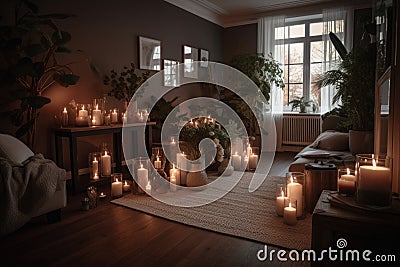 a room filled with candles and greenery for a cozy and relaxing atmosphere Stock Photo