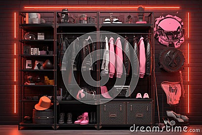The room is filled with a diverse assortment of clothing items, A punk style wardrobe mixed with futuristic elements, AI Generated Stock Photo