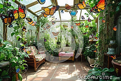 A Room Filled With Green Plants and Butterflies, A Lush Oasis of Nature, A charming Victorian-era conservatory filled with Stock Photo