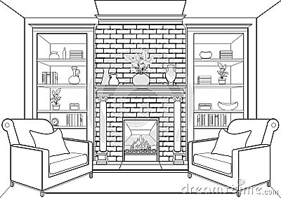 Room with fireplace outline, flat interior, contour linear drawing, coloring, black and white vector illustration. living room, ca Vector Illustration