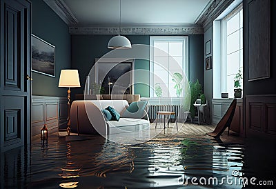 room in a flooded modern apartment interior Cartoon Illustration