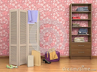 room with folding screen, cupboard, boxes and shoes, Cartoon Illustration