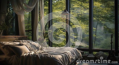 Room in forest. Restful peaceful dreamy interior. Stock Photo