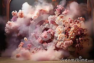 A room full of pink silky smoke and dry flowers Stock Photo