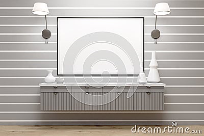 Room with gray drawers, lamps, poster, gray wall Stock Photo