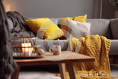 decor sofa pillow modern house couch yellow home interior cushion grey. Generative AI. Stock Photo