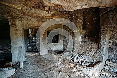 Room inside ancient cave city Chufut Kale, Bakhchisaray, Crimea Stock Photo