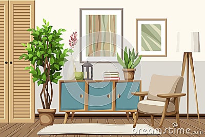 Room interior with an armchair, a dresser, pictures, and a ficus tree. Modern interior design. Cartoon vector illustration Vector Illustration