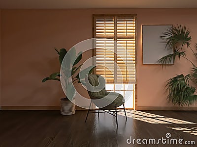 Room interior armchair, plant, 3d render, 3d illustration minimalist decor Cartoon Illustration