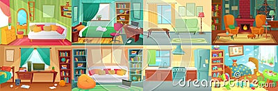 Room interior. Bedroom, living room, kitchen, kids bedroom with furniture. Teenage room with bed, table Vector Illustration