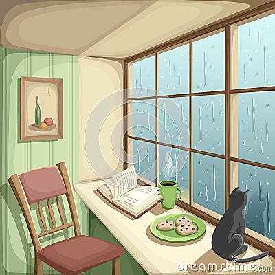 Room interior with a big window and rain outside it. Vector illustration. Vector Illustration
