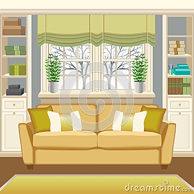 Room interior with couch below the window and bookcases Cartoon Illustration