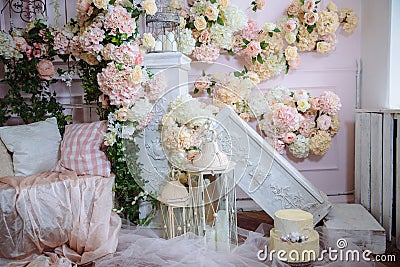 Room interior decorated with flowers. Concept of beautiful photostudio and design Stock Photo