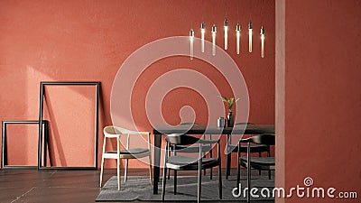 Room Interior design with Orange Wall and black floor. room mockup stylish, Retro room interior Cartoon Illustration