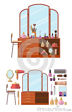 Room interior with dressing table. Woman cosmetics objects in flat style vector illustration. Furniture for female Vector Illustration