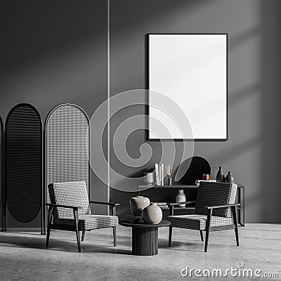 Room interior with empty mockup poster, devider and armchairs, dark grey Stock Photo