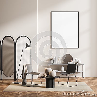 Room interior with empty mockup poster, devider and chairs, beige Stock Photo