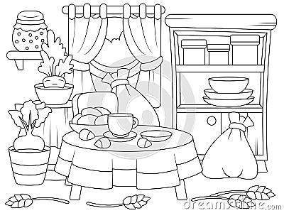 Room interior with furniture. Children coloring book. Cartoon Illustration