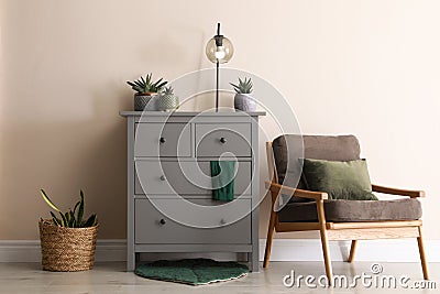 Room interior with grey chest of drawers near beige wall Stock Photo