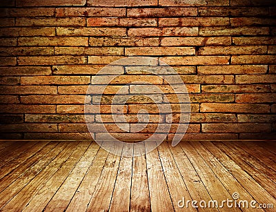 Room interior grunge vintage with red brick wall and wood floor Stock Photo