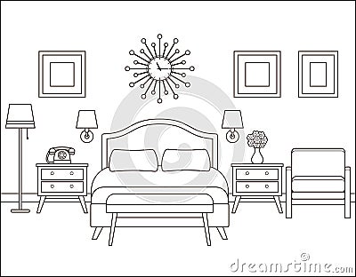 Bedroom interior. Hotel room in retro design. Vector illustration. Vector Illustration