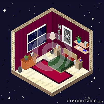 Room interior in isometric style. Bedroom with furniture vector illustration Vector Illustration