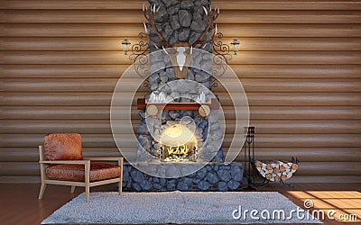 Room interior in log cabin building with stone fireplace and retro leather armchair Stock Photo
