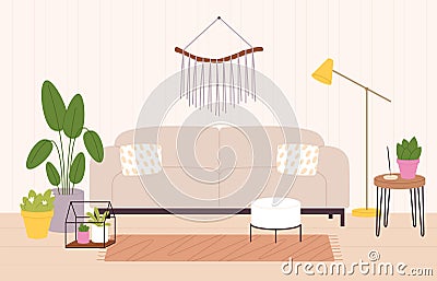 Room interior scandinavian style. Living room decorations, relax room design with cozy sofa, plants and decor. Racy Vector Illustration
