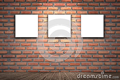 Room interior vintage with Three canvas frame on red brick wall for image advertising,brown wooden floor,Three empty frames Stock Photo