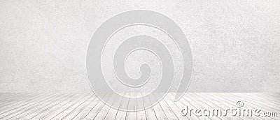 Room interior vintage with white brick wall and wood floor background. white concrete wall and white wood floor. Empty bright Stock Photo