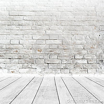 Room interior with white brick wall and wood floor Stock Photo