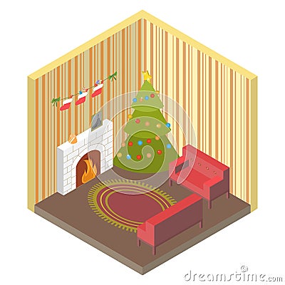 Room isometric with Christmas tree, fireplace vector Vector Illustration