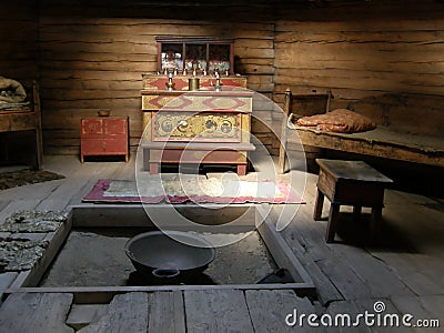 Room in an old wooden hut. Buryatia. Siberia. Stock Photo