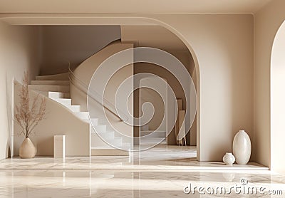 a room with one arched entryway and a long white staircase Stock Photo