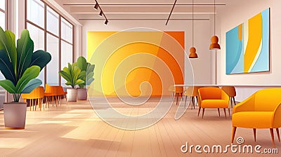 A room with orange chairs and a large potted plant, AI Stock Photo