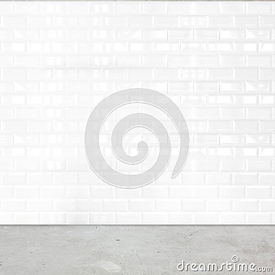 Room perspective, white ceramic tile wall and cement ground Stock Photo