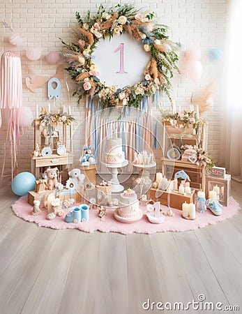 A room in pink style decorated for the first anniversary of a child's birthday Stock Photo