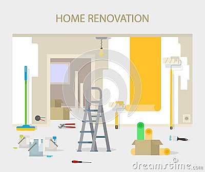 Room repair in home. Interior renovation in apartment and house. Vector Illustration