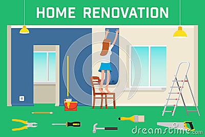 Room repair in home. Interior renovation in apartment and house. Flat style vector illustration. Vector Illustration