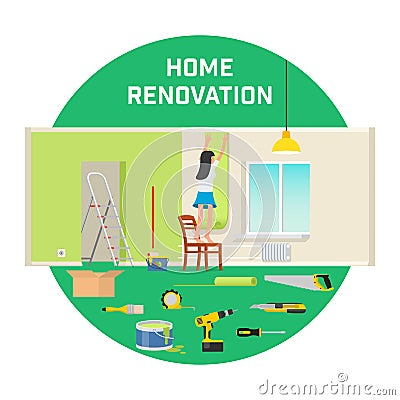 Room repair in home. Interior renovation in apartment and house. Flat style vector illustration. Vector Illustration