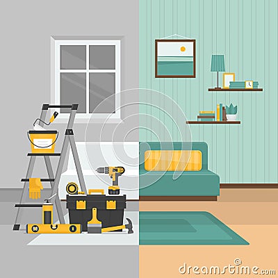 Room before and after repair. Home interior renovation. Flat sty Vector Illustration