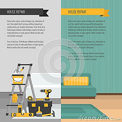 Room before and after repair. Home interior renovation. Flat sty Vector Illustration
